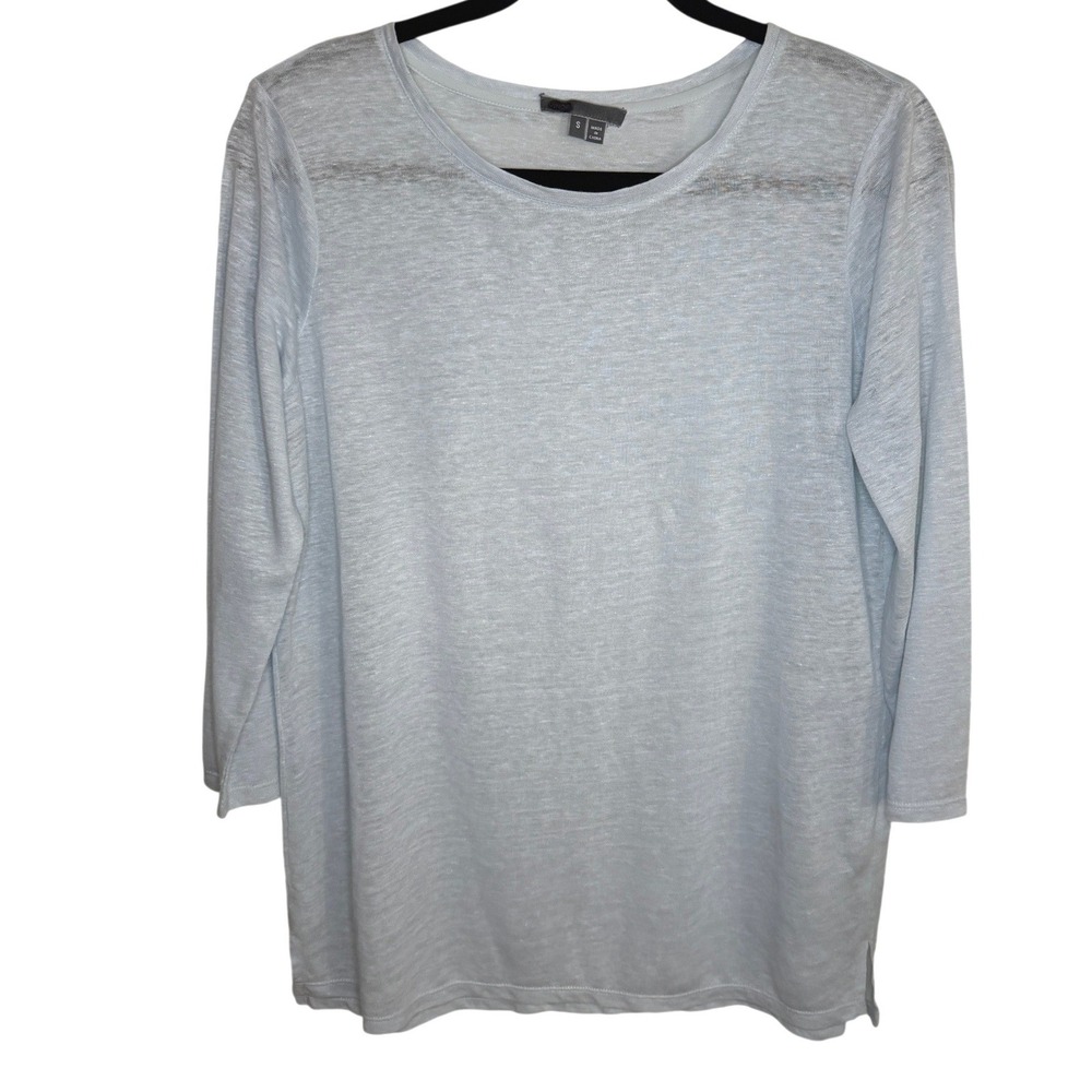 Vince Blouse 100% Linen Pastel Blue Elbow Sleeve Crew Neck Knit Top Womens Small